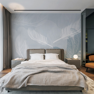 8d床头壁画北欧蓝色羽毛墙纸现代简约贴画网红墙布电视背景墙壁纸