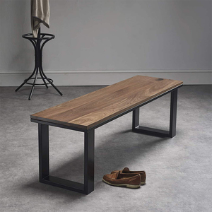 北欧实木长凳黑胡桃木面金属脚简约现代床尾凳子长条凳铁艺餐椅凳