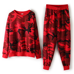 春秋季时尚红色迷彩卫衣休闲跑步运动套装女2024新款宽松两件套潮
