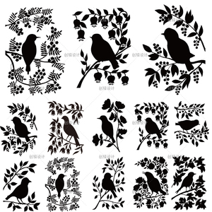 DW88手绘黑白小鸟儿花卉植物树枝剪影轮廓激光打印高清ai矢量素材