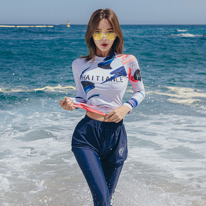 dk新款泳衣女休闲时尚分体四件套长袖泳衣保守显瘦遮肚温泉游泳装