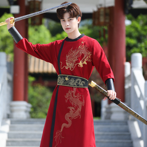 唐制汉服男红色圆领袍中国风飞鱼服锦衣卫武侠古风婚服道袍情侣装