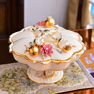 零食盘干果盒欧式分格带盖陶瓷客厅创意家用糖果盒水果盘茶几摆件