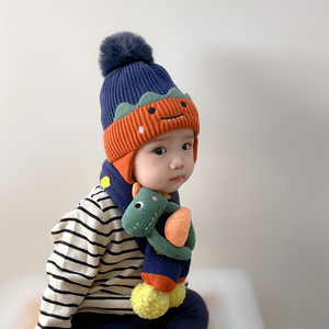 宝宝帽子秋冬可爱婴儿毛线帽围巾套装冬天男女童帽保暖儿童套头帽