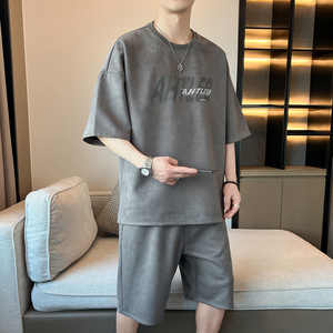 复古纯色刺绣短袖t恤男套装夏季潮牌bf休闲百搭情侣装五分袖套装