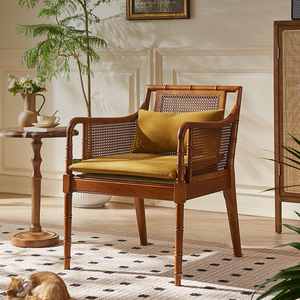 中式藤编椅子法式复古单人竹节沙发椅家用客厅简约舒适休闲椅子