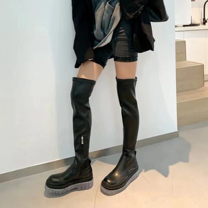 bv真皮拉链过膝靴长靴女 秋冬mona同款松糕厚底显瘦高筒弹力靴女