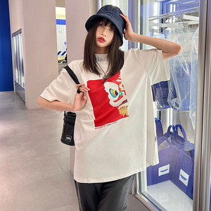 中国风醒狮涂鸦虎头刺绣卡通宽松短袖t恤女春夏款梦特莲娜内衣128