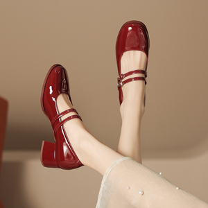 法式玛丽珍女鞋复古红色高跟鞋女2024新款中粗跟婚鞋秀禾旗袍单鞋