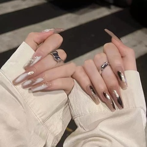 高级感ins欧美风美甲黑白鸳鸯涂鸦 成品少女辣妹穿戴甲中长款定制