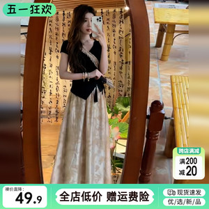 新中式国风连衣裙子女夏2024新款设计感花边短袖高腰半身裙两件套