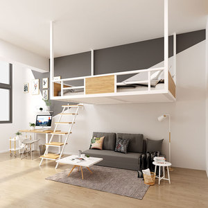 现代小户型阁楼床悬挂式挂壁床铁艺高架床双人床宿舍公寓创意吊床