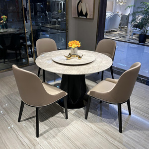阅恒进口阿曼玫瑰天然大理石圆形设计师不锈钢餐桌别墅家用圆桌子