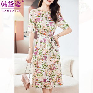 杭州品牌重磅真丝连衣裙夏中长款2024新款气质高端短袖桑蚕丝裙子