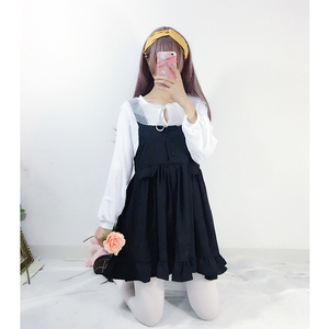日系可爱少女风背心小黑裙无袖吊带花边a字百褶高腰连衣裙女