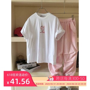 波拉bora韩国男女儿童套装夏季中大童潮酷卡通白色圆领短袖T恤潮