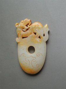 古玩古玉 战国汉代玉器 精美战汉螭龙韘型玉佩饰 鸡心佩 和田白玉