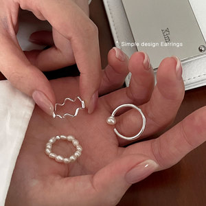 戒指女小众设计感纯银珍珠素圈2022新款潮开口叠戴波浪指环食指戒