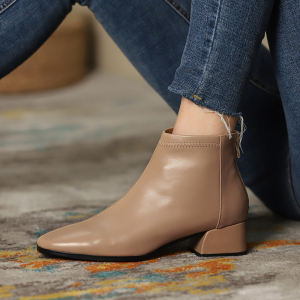 kmeizu软全皮~法式短靴女春秋新款单靴低跟真皮粗跟杏色及踝裸靴