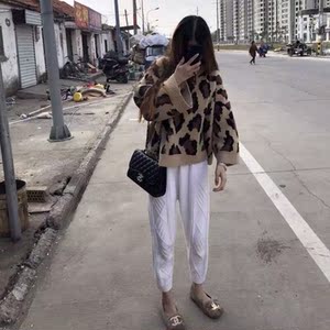 精神小妹女装社会女秋冬套装快手网红傲娇美同款宽松豹纹毛衣 针