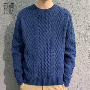 冬季粗线手工编织麻花粗针圆领毛衣男加厚宽松羊绒保暖针织衫外套