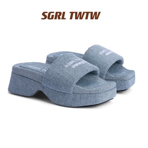 SGIRL TWTW2024新款牛仔棉布鞋透气设计感高跟露趾拖鞋外穿凉拖女