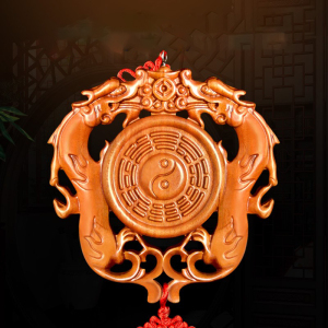 桃木八卦镜挂件小双龙桃木木雕大门悬挂家居装饰用品摆件