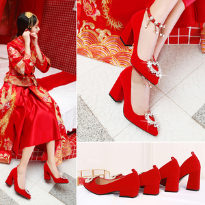 红鞋婚鞋女红色高跟中式结婚鞋子粗跟韩版婚纱照新娘鞋孕妇敬酒鞋