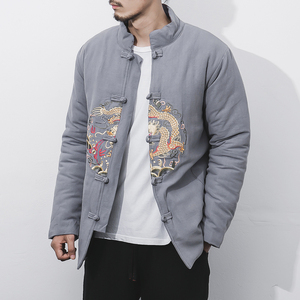 中国风龙纹刺绣棉衣男冬季新款加厚保暖外套中式立领盘扣龙纹唐装