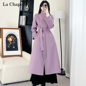 拉夏贝尔秋冬紫色双面羊绒大衣女中长款韩系立领高级感呢子外套潮