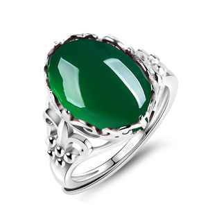 s925纯银绿玉髓宝石戒指女款玉石刚玉玛瑙时尚开口食指环饰品礼物