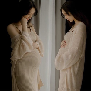 孕妇拍照摄影服装唯美卡其色开衫裙影楼主题写真服装大肚妈孕妇裙