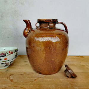 民国铜官窑陶器真品老酒壶古玩摆件带盖密封三耳酒坛古董酱釉陶罐