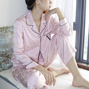 黛安芬文蚕丝睡衣女粉色提花长袖长裤两件套高级感刺绣真丝家居服