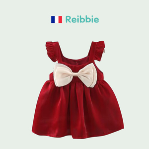 法国Reibbie女宝宝连衣裙夏季吊带女童蝴蝶结红色公主裙周岁礼服