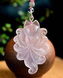 天然粉水晶九尾狐吊坠饱满粉润体透狐狸芙蓉石情侣宝石挂坠毛衣链