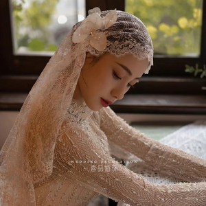 复古民国风头纱中长款蕾丝包头帽纱新娘婚纱照搭配白色头花头饰