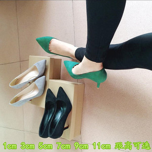 韩版瓢鞋女春2020新款中跟 单根尖头大码高跟鞋40-43细跟绿色单鞋