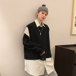 港风复古两件套女宽松韩版长袖条纹衬衫黑色坎肩夹克马甲秋季套装