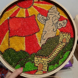 五谷杂粮粘贴画手工diy竹筛画 豆子画米粒画红色纪念作品中华风光