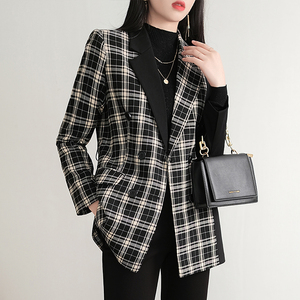 格子西装外套女秋冬2021新款小个子中长款时尚气质腰带款拼接西服
