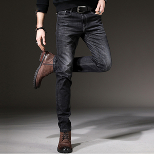 潮牌牛仔裤男士秋冬季加绒加厚韩版高级黑色弹性修身小脚时尚长裤