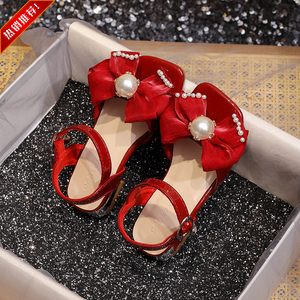 五岁时尚女童凉鞋2022小女孩高端红色公主鞋有跟珍珠蝴蝶结甜美系