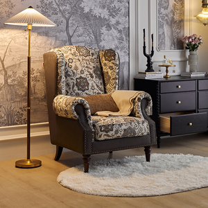 巢趣美式复古老虎椅单人客厅沙发布艺实木沙发卧室单椅休闲沙发椅