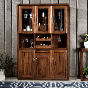 全实木黑胡桃木酒柜带玻璃门新中式高档客厅餐边柜一体高柜储物柜