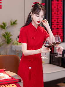 送高考旗袍红色2024中国风气质高端敬酒婚宴礼服改良小个子连衣裙