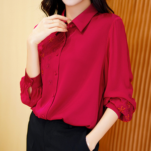 元杉法式复古设计感红色刺绣拼接真丝上衣女宽松长袖桑蚕丝衬衫