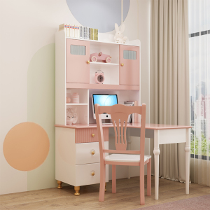 女孩儿童卧室书柜书桌一体家用小户型电脑桌转角书桌书架组合套装