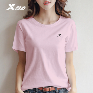特步短袖t恤女2022夏季新款圆领纯棉休闲上衣女士运动短t宽松棉t