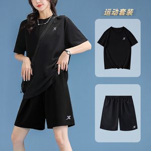 特步运动套装女跑步服夏季2023新款透气速干健身短袖短裤套装女装